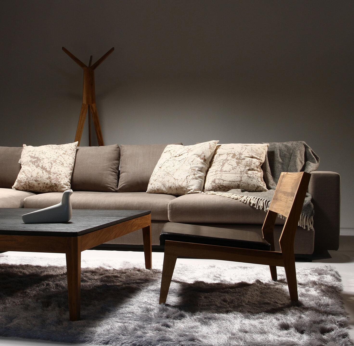 Furniture, Living room, Daybed, Couch, Natural material, Hardwood, Coffee table, Wood stain, Throw pillow, Armrest